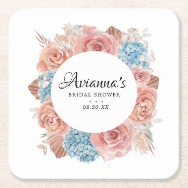 Dusty Pink Rose Blue Floral Bridal Shower Square Paper Coaster