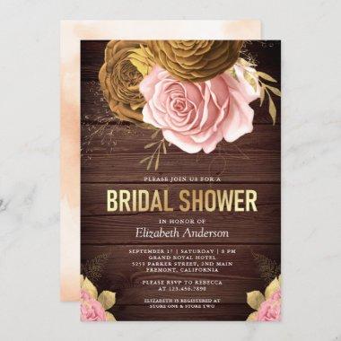 Dusty Pink Rose Earthy Floral Wood Bridal Shower Invitations