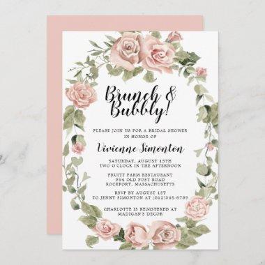 Dusty Pink Rose Floral Brunch and Bubbly Invitatio Invitations