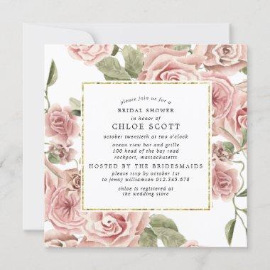 Dusty Pink Rose Floral Gold Bridal Shower Invitations
