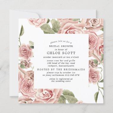 Dusty Pink Rose Floral Square Bridal Shower Invitations