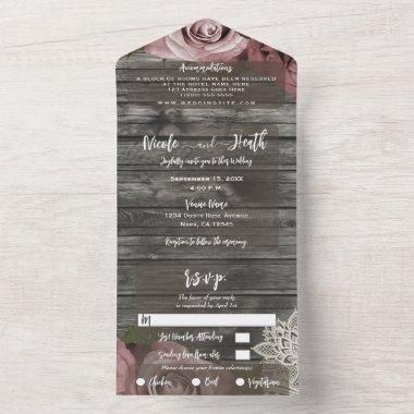 Dusty Pink Roses Cream Lace Rustic Grey Wedding All In One Invitations