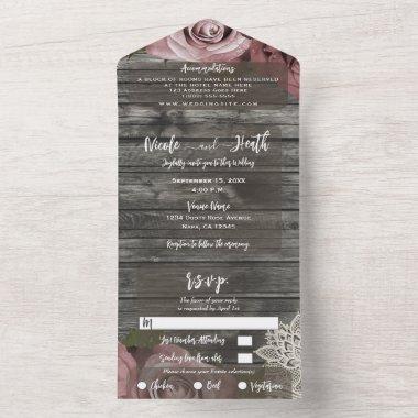 Dusty Pink Roses Cream Lace Rustic Grey Wedding All In One