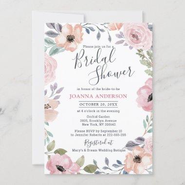 Dusty Pink Roses Midsummer Floral Bridal Shower Invitations