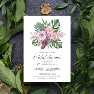 Dusty Pink Roses Tropical Monstera Bridal Shower Invitations