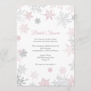 Dusty Pink & Silver Snowflake Winter Bridal Shower Invitations