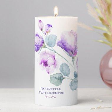 Dusty Purple Elegant Simple Watercolor Flowers Pillar Candle