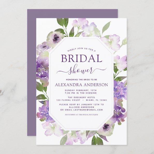 Dusty Purple Floral Greenery Bridal Shower Invitations