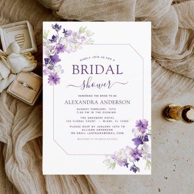 Dusty Purple Floral Greenery Bridal Shower Invitations