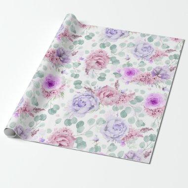 Dusty Purple Flowers Eucalyptus Leaves Botanical W Wrapping Paper