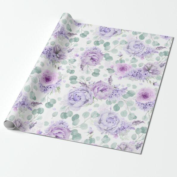 Dusty Purple Flowers Eucalyptus Leaves Botanical Wrapping Paper