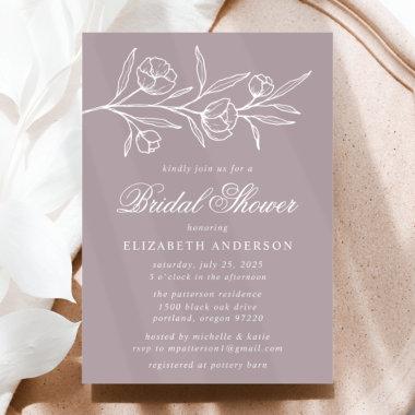 Dusty Purple Sketched Floral Bridal Shower Invitations