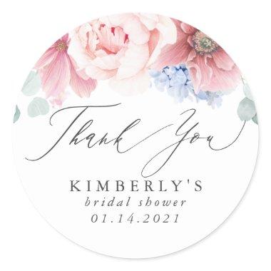 Dusty Rose and Dusty Blue Floral Thank You Classic Round Sticker