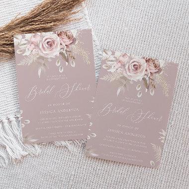 Dusty Rose & Blush Boho Flowers Bridal Shower Invitations