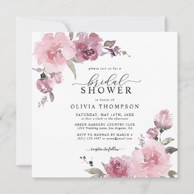 Dusty Rose Blush Mauve Floral Flower Bridal Shower Invitations