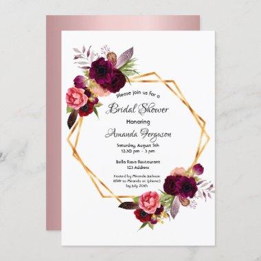 Dusty rose burgundy floral geometric bridal shower Invitations