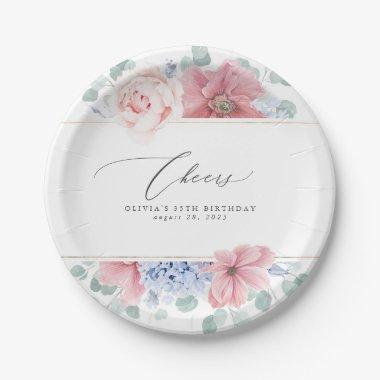 Dusty Rose Dusty Blue Floral Elegant Botanical Paper Plates