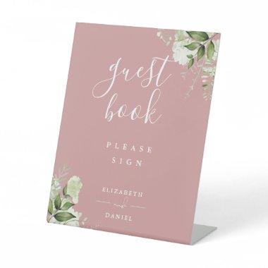 Dusty Rose Elegant Floral Greenery Guest Book Pedestal Sign