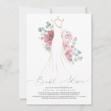 Dusty Rose Elegant Wedding Dress Bridal Shower Invitations