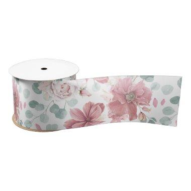 Dusty Rose Floral and Greenery Pattern Elegant Satin Ribbon