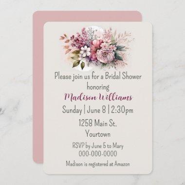 Dusty Rose Floral Bouquet Bridal Shower Invitations