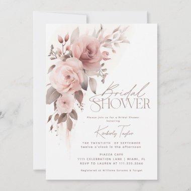 Dusty Rose Floral Elegant Minimal Bridal Shower Invitations