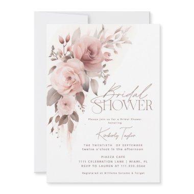 Dusty Rose Floral Elegant Minimal Bridal Shower Invitations