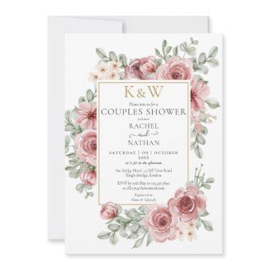 Dusty Rose Floral Gold Monogram Couples Shower Invitations