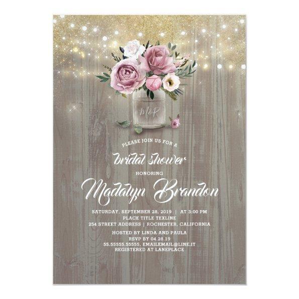 Dusty Rose Floral Mason Jar Rustic Bridal Shower Invitations