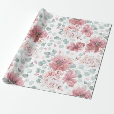 Dusty Rose Flowers Pattern Elegant Modern Wrapping Paper