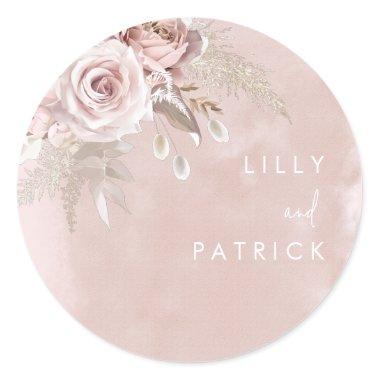 Dusty Rose Flowers Watercolor Blush Wedding Engage Classic Round Sticker