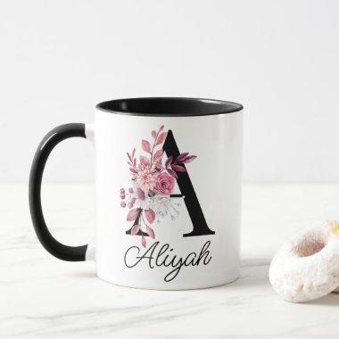 Dusty Rose Mauve Floral Letter A Monogram Mug