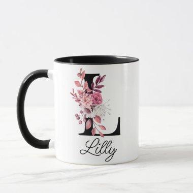 Dusty Rose Mauve Floral Letter L Monogram Initial Mug