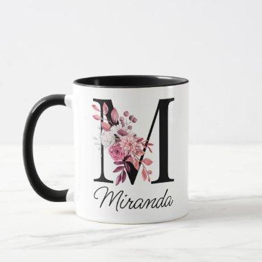 Dusty Rose Mauve Floral Letter M Monogram Initial Mug