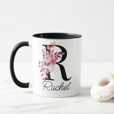 Dusty Rose Mauve Floral Letter R Monogram Initial Mug