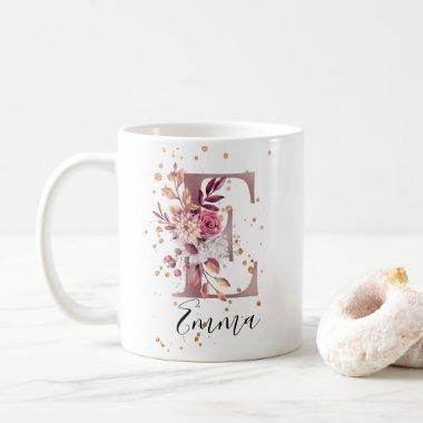 Dusty Rose Mauve Pink Floral Monogram Letter E Coffee Mug