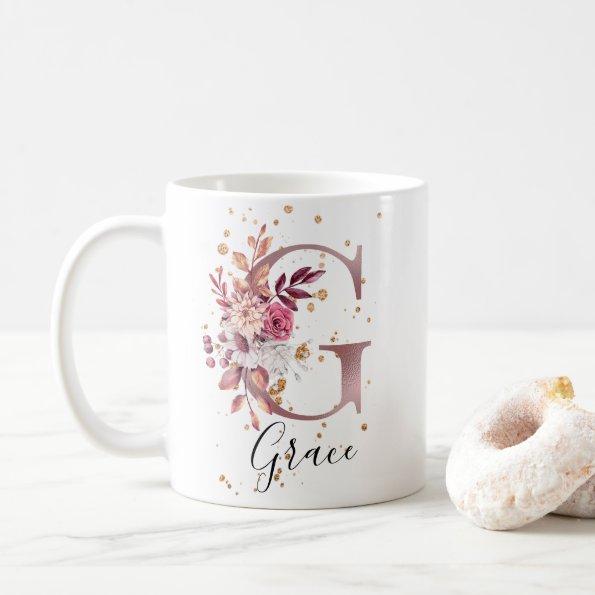 Dusty Rose Mauve Pink Floral Monogram Letter G Coffee Mug