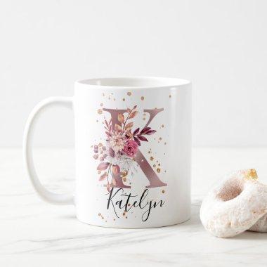 Dusty Rose Mauve Pink Floral Monogram Letter K Coffee Mug