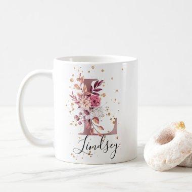 Dusty Rose Mauve Pink Floral Monogram Letter L Coffee Mug