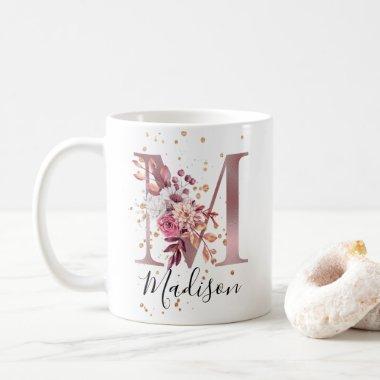Dusty Rose Mauve Pink Floral Monogram Letter M Coffee Mug