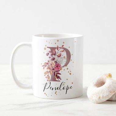 Dusty Rose Mauve Pink Floral Monogram Letter P Coffee Mug
