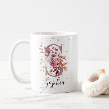 Dusty Rose Mauve Pink Floral Monogram Letter S Coffee Mug