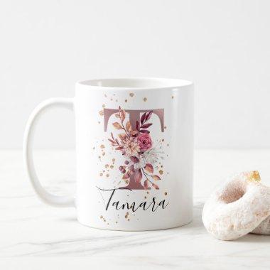 Dusty Rose Mauve Pink Floral Monogram Letter T Coffee Mug