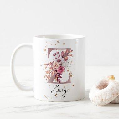 Dusty Rose Mauve Pink Floral Monogram Letter Z Coffee Mug