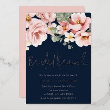 Dusty Rose Navy Bridal Shower Brunch Rose Gold Foil Invitations