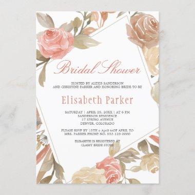 Dusty Rose Peach Cream Floral Bridal Shower Invitations