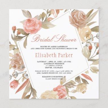 Dusty Rose Peach Cream Floral Bridal Shower Invitations
