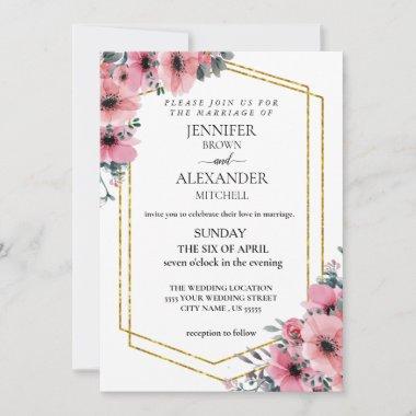Dusty Rose Pink and Floral Greenery Wedding chic Invitations