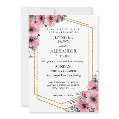 Dusty Rose Pink and Floral Greenery Wedding chic Invitations