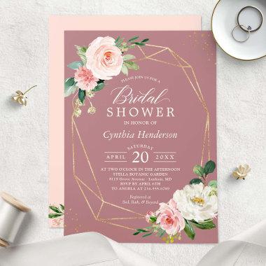 Dusty Rose Pink Blush Floral Chic Bridal Shower Invitations